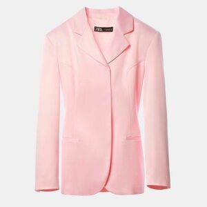 Zara Light Pink Satin Long Line Blazer